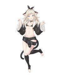 Rule 34 | 1girl, absurdres, animal ears, bell, belt, bikini, black bikini, black choker, black jacket, black nails, black shorts, black socks, blonde hair, blue eyes, breasts, cat ears, cat tail, choker, commission, cropped jacket, frilled sleeves, frills, full body, fur collar, hair ribbon, hands up, highleg, highres, jacket, jingle bell, keibeam, leg up, long hair, long sleeves, looking at viewer, loose belt, micro shorts, nail polish, navel, open clothes, open jacket, open mouth, original, ribbon, second-party source, shorts, simple background, small breasts, socks, solo, stomach, string bikini, swimsuit, tail, thighs, toeless legwear, toenail polish, toenails, toes, white background, wide sleeves