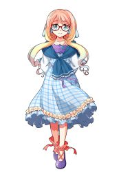 Rule 34 | 1girl, ankle lace-up, arms behind back, blonde hair, blue dress, blue eyes, closed mouth, collarbone, commentary request, cross-laced footwear, dairi, dress, frilled dress, frills, full body, glasses, gradient hair, hair ornament, haruno sora, jewelry, long hair, long sleeves, looking at viewer, mole, mole under mouth, multicolored hair, orange hair, pendant, plaid, plaid dress, purple footwear, red-framed eyewear, red ribbon, ribbon, smile, solo, standing, straight-on, tachi-e, transparent background, vocaloid, voiceroid