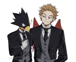 2boys adjusting_clothes adjusting_necktie animal_head beak beard_stubble black_jacket black_necktie blonde_hair blush boku_no_hero_academia collared_shirt diagonal-striped_clothes diagonal-striped_necktie earrings facial_hair facial_mark forked_eyebrows formal gloves grey_vest hawks_(boku_no_hero_academia) jacket jewelry looking_at_another male_focus mo_masimasi multiple_boys necktie open_clothes open_jacket red_eyes red_wings scar scar_on_face shirt short_hair smile sparkle striped_clothes striped_necktie stubble suit suit_jacket tokoyami_fumikage twitter_username upper_body vest white_background white_gloves white_shirt wings yellow_eyes