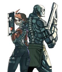 Rule 34 | 1boy, 1girl, absurdres, ahoge, android, back-to-back, backless outfit, brown eyes, brown hair, clothed robot, cyberpunk, cyborg, finger on trigger, gun, hair ornament, hairclip, handgun, highres, humanoid robot, koutetu yarou, mechanical parts, mechanical spine, original, pants, pocket, rifle, robot, serious, short hair, simple background, topless, topless male, weapon, white background