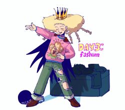 Rule 34 | 1boy, alternate costume, alternate hairstyle, animal print, ball and chain restraint, blonde hair, blush, braid, brown footwear, cape, closed eyes, commentary, crown, english commentary, english text, full body, green pants, hanazawa teruki, highres, kyokyeo, long sleeves, male focus, mob psycho 100, pants, pink sweater, print sweater, simple background, smile, solo, standing, sweater, torn clothes, torn pants, v, white background