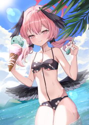 1girl absurdres bare_arms bare_shoulders bikini black_bikini blue_archive bow breasts closed_mouth day dutch_angle feathered_wings floral_print food hair_bow halo head_wings highres holding holding_spoon ice_cream kneeling koharu_(blue_archive) koharu_(swimsuit)_(blue_archive) long_hair looking_at_viewer low_twintails low_wings nannung official_alternate_costume outdoors pink_eyes pink_hair small_breasts smile solo spoon stomach string_bikini sunlight swimsuit thighs twintails water wet wings