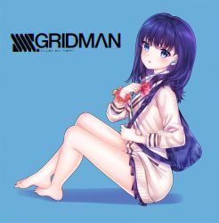 Rule 34 | 10s, 1girl, :o, bad id, bad pixiv id, barefoot, blue background, blue eyes, blush, bow, cardigan, commentary, copyright name, earbuds, earphones, feet, gridman universe, hand up, head tilt, highres, legs, long hair, long sleeves, looking at viewer, looking to the side, miniskirt, nami (nyaa), orange scrunchie, parted lips, pleated skirt, purple hair, purple skirt, red bow, scrunchie, skirt, solo, ssss.gridman, takarada rikka, white cardigan, wrist scrunchie