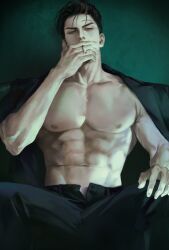 Rule 34 | 1boy, abs, absurdres, black hair, black jacket, black pants, cigarette, collarbone, green background, green eyes, hair strand, hand up, highres, holding, holding cigarette, jacket, jacket on shoulders, jin cheong-woo, lapels, looking at viewer, male focus, muscular, muscular male, navel, nipples, open fly, pants, pectorals, ryeomiii, scar, scar on face, scar on forehead, short hair, simple background, sitting, smoke, smoking, solo, stomach, under the greenlight