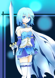 Rule 34 | 10s, 1girl, bad id, bad pixiv id, blue eyes, blue hair, blue skirt, cape, culter, highres, magical girl, mahou shoujo madoka magica, mahou shoujo madoka magica (anime), matching hair/eyes, midriff, miki sayaka, navel, open mouth, short hair, skirt, solo, sword, thighhighs, thighs, tongue, weapon, white thighhighs, zettai ryouiki