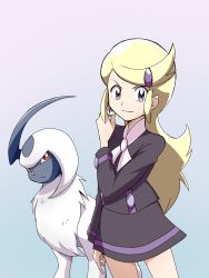 Rule 34 | 1girl, absol, ace trainer (pokemon), astrid (pokemon), asymmetrical bangs, ayo (ayosanri009), black shirt, black skirt, blonde hair, blue background, brown eyes, commentary request, cowboy shot, creature, creatures (company), frown, furrowed brow, game freak, gen 3 pokemon, long hair, long sleeves, looking at viewer, nintendo, pokemon, pokemon (anime), pokemon (creature), pokemon xy, pokemon xy (anime), shirt, sidelocks, simple background, skirt, standing