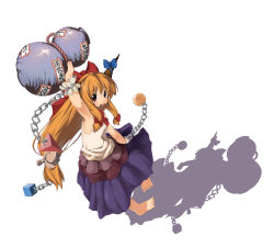 Rule 34 | 1girl, barefoot, bow, chain, female focus, full body, hair bow, highres, horn ornament, horn ribbon, horns, ibuki suika, long hair, orange hair, red eyes, ribbon, shadow, simple background, solo, touhou, uzura no tamago, white background