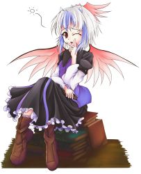 Rule 34 | 1girl, absurdres, book, boots, curiosities of lotus asia, dress, female focus, full body, gr (artist), head wings, highres, horns, multicolored hair, red eyes, short hair, sitting, solo, tokiko (touhou), touhou, transparent background, wings, wink