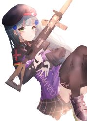 Rule 34 | 1girl, absurdres, ankle boots, ar-15, assault rifle, backlighting, bad id, bad pixiv id, beret, black footwear, black hat, black skirt, black thighhighs, blunt bangs, blush, boots, commentary, eotech, girls&#039; frontline, gloves, goggles, goggles around neck, green eyes, grey hair, gun, h&amp;k hk416, hair ornament, hat, heckler &amp; koch, high collar, highres, hk416 (girls&#039; frontline), holding, holding gun, holding weapon, jacket, long hair, long sleeves, looking at viewer, military, military uniform, parted lips, pleated skirt, purple jacket, rifle, simple background, skirt, solo, sparkle, thighhighs, thighs, trigger discipline, uniform, weapon, white background, white gloves, yanggang