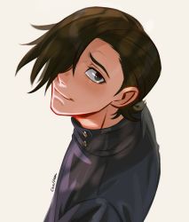 Rule 34 | 1boy, black eyes, black hair, chalseu, closed mouth, crying, crying with eyes open, eyebrows, gakuran, hair over one eye, highres, jujutsu kaisen, looking at viewer, male focus, pale skin, sad, school uniform, short hair, simple background, smile, tearing up, tears, white background, yoshino junpei