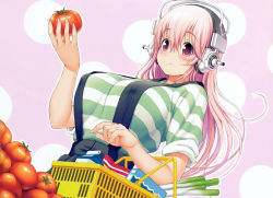 Rule 34 | 1girl, absurdres, blush, breasts, covered erect nipples, headphones, highres, large breasts, long hair, milk carton, nitroplus, pink background, pink eyes, pink hair, shirt, shopping basket, sleeves rolled up, smile, solo, striped clothes, striped shirt, super sonico, tomato, tsuji santa, upper body