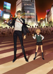 Rule 34 | 10s, 2boys, artistic error, bakemono no ko, belt, black footwear, black jacket, black necktie, black pants, black socks, blonde hair, blue eyes, bow, bowtie, brown hair, building, city, collared shirt, contemporary, crosswalk, crowd, formal, glasses, hakata toushirou, hand on own hip, height difference, heshikiri hasebe, highres, holding, holding sword, holding weapon, jacket, katana, kneehighs, legs apart, loafers, long sleeves, looking at viewer, male focus, multiple boys, necktie, open clothes, open jacket, outdoors, pants, parody, petite, purple eyes, real world location, red-framed eyewear, red bow, red bowtie, road, ruetteru, scabbard, sheath, sheathed, shibuya (tokyo), shirt, shoes, short sword, shorts, smile, socks, suit, sword, tantou, tokyo (city), touken ranbu, traditional bowtie, vest, weapon, white shirt, wind