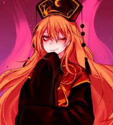 Rule 34 | 1girl, ;), aura, bad id, bad twitter id, bags under eyes, black dress, blonde hair, chinese clothes, commentary request, dress, hair between eyes, hand on own chin, headdress, junko (touhou), long hair, long sleeves, looking at viewer, one-hour drawing challenge, one eye closed, red dress, red eyes, shan, sleeves past fingers, sleeves past wrists, smile, solo, tassel, touhou, upper body, very long hair, wide sleeves, yellow neckwear