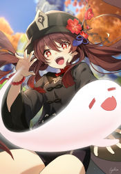 Rule 34 | 1girl, :d, absurdres, bead bracelet, beads, black hat, black shorts, bracelet, brown hair, chinese clothes, closed eyes, fang, flower, genshin impact, ghost, ghost tail, hand up, hat, hat flower, highres, hu tao (genshin impact), jewelry, long sleeves, looking at viewer, meizi (lydisa), multicolored hair, open mouth, red eyes, red hair, short shorts, shorts, smile, symbol-shaped pupils, top hat, twintails, two-tone hair, wide sleeves