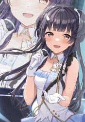 Rule 34 | 1girl, absurdres, bare shoulders, black hair, blush, brown eyes, collarbone, detached collar, frills, gloves, hair ornament, highres, idolmaster, idolmaster shiny colors, long hair, looking at viewer, mayuzumi fuyuko, microphone, mochiko (uyu omochi), monitor, open mouth, ribbon, see-through, see-through sleeves, sleeveless, smile, solo, sweatdrop, two side up, white gloves