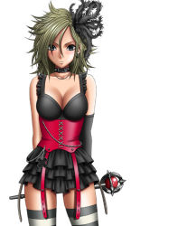Rule 34 | 1girl, black feathers, blonde hair, blue eyes, breasts, collar, corset, crimson comics, dragon quest, dragon quest swords, elbow gloves, feather hair ornament, feathers, gloves, hair ornament, jewelry, long hair, medium breasts, setia, skirt, solo, standing, striped clothes, striped thighhighs, thighhighs