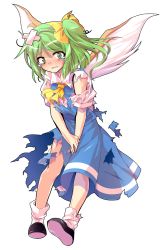 Rule 34 | 1girl, alphes (style), ascot, blue dress, blush, dairi, daiyousei, dress, full body, green eyes, green hair, looking at viewer, matching hair/eyes, parody, short hair, side ponytail, solo, style parody, tears, torn clothes, touhou, transparent background, wings