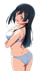 Rule 34 | 1girl, absurdres, arms under breasts, ass, black hair, blush, bra, breasts, butt crack, commentary request, cowboy shot, dimples of venus, embarrassed, fingernails, grey eyes, hair ornament, highres, large breasts, long hair, looking at viewer, love live!, love live! nijigasaki high school idol club, open mouth, panties, simple background, solo, standing, underwear, underwear only, wavy mouth, white background, white bra, white panties, x hair ornament, yopparai oni, yuki setsuna (love live!)