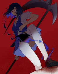 Rule 34 | 1girl, antenna hair, blue hair, breasts, closed mouth, evil smile, glowing, glowing eyes, hair between eyes, holding, holding weapon, honkai (series), honkai impact 3rd, hua ye, looking at viewer, purple skirt, red background, red eyes, school uniform, scythe, seele (alter ego), seele vollerei, seele vollerei (swallowtail phantasm), short hair, short sleeves, simple background, skirt, smile, solo, tattoo, thighhighs, weapon, white thighhighs