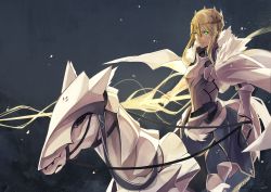 Rule 34 | 1girl, armor, artoria pendragon (fate), artoria pendragon (lancer) (fate), blonde hair, braid, bridle, capelet, cloak, crown, dun stallion (fate), el (egoistic parade), fate/grand order, fate (series), french braid, fur-trimmed capelet, fur trim, glowing, glowing eyes, green eyes, hair between eyes, highres, horseback riding, lion king (lancer) (fate), looking at viewer, rhongomyniad (fate), riding, solo, type-moon, white capelet
