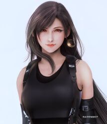 Rule 34 | 1girl, 3d, artist name, bare shoulders, black gloves, black hair, black tank top, breasts, brown hair, closed mouth, crescent, crescent earrings, crescent moon, crop top, earrings, elbow gloves, final fantasy, final fantasy vii, final fantasy vii remake, gloves, gold earrings, jewelry, large breasts, lips, long hair, looking at viewer, moon, raidenwgt, red eyes, simple background, single earring, single sidelock, smile, solo, square enix, suspenders, swept bangs, tank top, tifa lockhart, upper body