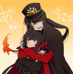 Rule 34 | 1672, 1boy, 1girl, anime coloring, bad id, bad twitter id, black cape, brother and sister, cape, crying, fate/grand order, fate (series), flaming hair, gloves, gradient background, hat, unworn hat, unworn headwear, height difference, hetero, hug, koha-ace, long hair, oda nobukatsu (fate), oda nobunaga (fate), oda nobunaga (koha-ace), ponytail, red cape, red eyes, shako cap, siblings, simple background, white gloves, yellow background