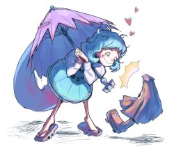 Rule 34 | 1girl, blue eyes, blue hair, blue skirt, blue vest, blush, closed mouth, commentary, english commentary, frilled skirt, frills, full body, geta, heart, heterochromia, highres, juliet sleeves, jumper shoot, karakasa obake, kirby (series), long sleeves, loving aura, molly yancey, nintendo, one-eyed, own hands clasped, own hands together, puffy sleeves, red eyes, sandals, shadow, short hair, simple background, skirt, smile, species connection, tatara kogasa, tongue, touhou, umbrella, vest, white background