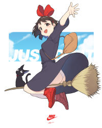 Rule 34 | 1girl, :d, absurdres, air jordan 1, animal, arm up, ass, bag, black cat, black dress, blue sky, blush, breasts, broom, broom riding, brown eyes, brown hair, cat, cloba, commentary request, day, dress, english text, from behind, full body, hair ribbon, highres, jiji (majo no takkyuubin), kiki (majo no takkyuubin), looking at viewer, looking back, majo no takkyuubin, nike (company), no legwear, open mouth, outstretched arm, panties, pantyshot, red footwear, red ribbon, ribbon, shoes, short hair, short sleeves, shoulder bag, signature, simple background, sitting, sky, small breasts, smile, underwear, upskirt, waving, white background
