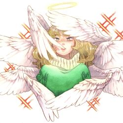Rule 34 | 1girl, angel, battan8, blonde hair, eyelashes, feathered wings, green sweater, head wings, highres, long hair, looking at viewer, mole, mole under eye, original, red lips, solo, sparkle, straight-on, sweater, turtleneck, turtleneck sweater, upper body, white background, white wings, wings