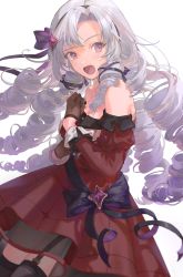 Rule 34 | 1girl, absurdres, black thighhighs, blush, breasts, brown gloves, cleavage, dress, drill hair, fujie-yz, garter straps, gloves, hair ribbon, hairband, highres, hyakumantenbara salome, hyakumantenbara salome (1st costume), light purple hair, long hair, medium breasts, nijisanji, off-shoulder dress, off shoulder, open mouth, purple eyes, red dress, ribbon, see-through, simple background, solo, sweat, thighhighs, very long hair, virtual youtuber, white background