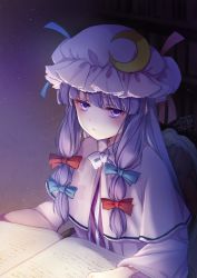 Rule 34 | 1girl, blue bow, blue ribbon, blush, book, bookshelf, bow, capelet, commentary, crescent, crescent pin, dark, eyelashes, hair bow, half-closed eyes, hat, hat ribbon, jitome, light, long hair, looking at viewer, mikagami hiyori, mob cap, open book, patchouli knowledge, purple eyes, purple hair, red bow, red ribbon, ribbon, signature, solo, touhou, upper body, watermark, wide sleeves