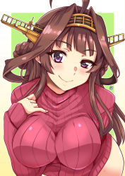 Rule 34 | 1girl, ahoge, alternate costume, aoi manabu, brown hair, double bun, hairband, headgear, kantai collection, kongou (kancolle), long hair, long sleeves, looking at viewer, purple eyes, red sweater, smile, solo, sweater, upper body