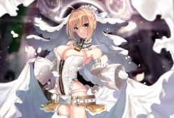 Rule 34 | 1girl, arched back, belt, blonde hair, blush, bodysuit, breasts, bridal veil, chain, closed mouth, commentary, english commentary, fate/grand order, fate (series), flower, garter straps, gloves, green eyes, hair intakes, highres, large breasts, leotard, lock, long sleeves, looking at viewer, nero claudius (bride) (fate), nero claudius (bride) (second ascension) (fate), nero claudius (fate), nero claudius (fate) (all), padlock, sidelocks, simple background, single garter strap, smile, smug, solo, strapless, strapless leotard, untue, unzipped, veil, white gloves, zipper, zipper pull tab