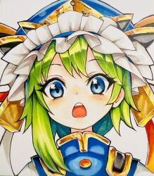 Rule 34 | 1girl, asymmetrical hair, blue eyes, blue hat, epaulettes, frilled hat, frills, green hair, hat, highres, looking at viewer, open mouth, shiki eiki, short hair, simple background, solo, tatuhiro, teeth, touhou, traditional media, upper body, upper teeth only