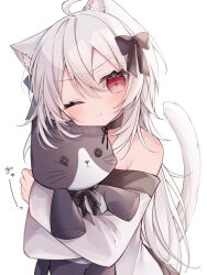 Rule 34 | 1girl, ;t, ahoge, animal ear fluff, animal ears, bare shoulders, black bow, black choker, blush, bow, button eyes, buttons, cat ears, cat girl, cat tail, choker, closed mouth, commentary request, dress, grey hair, hair between eyes, hair bow, head tilt, highres, hugging object, long hair, looking at viewer, off-shoulder dress, off shoulder, original, red eyes, ringouulu, simple background, solo, stuffed animal, stuffed cat, stuffed toy, tail, translation request, twitter username, very long hair, white background, white dress