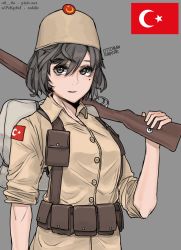 Rule 34 | 1girl, backpack, bag, breasts, brown eyes, brown hair, brown headwear, flag, grey background, gun, hearts of iron, highres, holding, holding gun, holding weapon, kaiserreich, looking at viewer, medium breasts, messy hair, military, mole, mole under eye, original, ottoman, parted lips, pixiv username, pzkpfwi, rifle, short hair, short sleeves, simple background, sleeves rolled up, solo, turkish flag, weapon