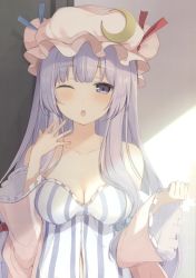 Rule 34 | 1girl, 6u (eternal land), ;o, absurdres, blue bow, blue ribbon, blush, bow, breasts, cleavage, collarbone, dress, frilled sleeves, frills, grey background, hair bow, hand up, hat, hat ribbon, highres, light rays, long hair, long sleeves, looking at viewer, medium breasts, mob cap, off shoulder, one eye closed, open mouth, patchouli knowledge, pink hat, pink robe, purple dress, purple eyes, purple hair, red bow, red ribbon, ribbon, robe, scan, single sidelock, solo, strap slip, striped clothes, striped dress, tears, touhou, upper body, vertical-striped clothes, vertical-striped dress, very long hair, wide sleeves