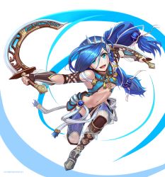 Rule 34 | 1girl, :d, armor, artist name, blue hair, blue panties, breasts, dana (ys), dual wielding, faulds, floating hair, full body, green eyes, hair between eyes, hair ribbon, holding, holding weapon, hybridmink, long hair, looking at viewer, medium breasts, midriff, navel, open mouth, panties, ribbon, smile, solo, stomach, twintails, underboob, underwear, very long hair, weapon, white background, white ribbon, ys, ys viii lacrimosa of dana