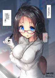 Rule 34 | 1girl, artist name, bad id, bad pixiv id, black hair, blue eyes, breast hold, breasts, covered erect nipples, dated, drawing, drawing tablet, glasses, hair ornament, hairclip, headphones, large breasts, meme, mokufuu, open mouth, original, short hair, solo, stylus, they had lots of sex afterwards (meme), wacom