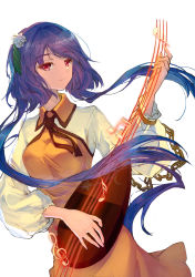 Rule 34 | 1girl, absurdres, beamed sixteenth notes, biwa lute, breasts, chain, closed mouth, collared dress, commentary, cowboy shot, dress, flower, hair flower, hair ornament, hand up, highres, holding, holding instrument, instrument, leaf, long hair, long sleeves, looking at viewer, lute (instrument), medium breasts, music, musical note, playing instrument, purple hair, quarter note, red eyes, ringo orihara, shirt, simple background, sleeveless, sleeveless dress, smile, solo, touhou, treble clef, tsukumo benben, very long hair, white background, white flower, white shirt, yellow dress