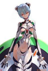 Rule 34 | 1girl, adapted costume, ayanami rei, blue hair, bodysuit, bracer, breasts, clothing cutout, cowboy shot, gloves, groin, hair between eyes, hair ornament, head tilt, highres, hip vent, interface headset, light smile, looking down, medium breasts, navel, navel cutout, neon genesis evangelion, plugsuit, red eyes, revealing clothes, short hair, side cutout, signature, simple background, skinny, smile, solo, thigh gap, turtleneck, twitter username, underboob, underboob cutout, white background, yd (orange maru)