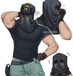 Rule 34 | 1boy, ?, arm behind head, belt, black belt, black gloves, black shirt, blush, call of duty, call of duty: modern warfare 2, closed eyes, covered face, facepaint, gloves, green pants, heart, highres, katsu wifey, konig (call of duty), large pectorals, male focus, mask, multiple views, muscular, muscular male, pants, pectorals, shirt, simple background, twitter username, white background