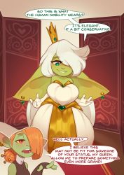 Rule 34 | belly, breasts, buttons (huffslove), colored sclera, colored skin, crown, dress, earrings, female goblin, goblin, green eyes, green skin, heart, heart-shaped pupils, highres, huffslove, jewelry, large breasts, long hair, one eye covered, orange hair, original, red eyes, regina (huffslove), shortstack, symbol-shaped pupils, very long hair, white dress, yellow sclera