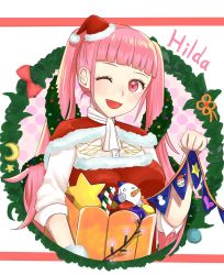 Rule 34 | 1girl, breasts, candy, candy cane, character name, christmas, christmas ornaments, female focus, fire emblem, fire emblem: three houses, food, fur trim, hat, highres, hilda valentine goneril, large breasts, long hair, matching hair/eyes, mini hat, nintendo, one eye closed, open mouth, otokajife, pink eyes, pink hair, pom pom (clothes), red hat, santa costume, santa hat, smile, solo, star (symbol), twintails, upper body, wink