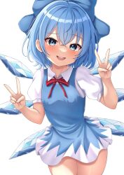 Rule 34 | 1girl, :d, blue bow, blue dress, bow, cirno, collared shirt, commentary request, crossed bangs, detached wings, double v, dress, hair bow, highres, ice, ice wings, looking at viewer, open mouth, reijing etrn, shirt, short sleeves, simple background, smile, solo, teeth, touhou, upper teeth only, v, white background, white shirt, wings