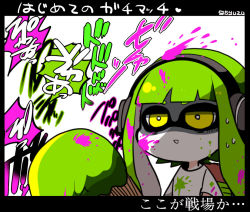 Rule 34 | 1girl, :d, bad id, bad pixiv id, bags under eyes, green hair, heart, inkling, inkling girl, inkling player character, kuro yuzu, long hair, nintendo, open mouth, paint, paintbrush, ptsd, shaded face, simple background, smile, solo, splatoon (series), splatoon 1, tentacle hair, translation request, yellow eyes
