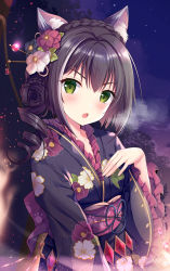 Rule 34 | 1girl, animal ear fluff, animal ears, bad id, bad pixiv id, black flower, black hair, black kimono, blush, braid, cat ears, commentary request, crown braid, fang, floral print, flower, green eyes, hair between eyes, hair flower, hair ornament, hand up, highres, japanese clothes, karyl (new year) (princess connect!), karyl (princess connect!), kimono, long hair, long sleeves, looking at viewer, multicolored hair, night, obi, open mouth, outdoors, princess connect!, print kimono, red flower, ringlets, sash, solo, sousouman, streaked hair, upper body, white flower, white hair, wide sleeves