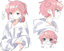 Rule 34 | 1boy, blush stickers, chibi, chibi inset, collarbone, commentary request, highres, hood, hood down, hoodie, jitome, male focus, multiple views, original, parted lips, pink hair, pulling at clothes, raito-kun (uenomigi), short hair, short ponytail, sidelocks, simple background, speech bubble, uenomigi, upper body, white background, white hoodie