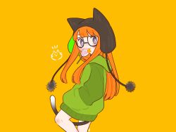 Rule 34 | 1girl, :3, animal ears, animal hat, blush, candy, cat hat, cat tail, fake animal ears, food, glasses, hands in pockets, hat, highres, hood, hoodie, lollipop, long hair, looking at viewer, looking back, michiru (mnmn cheese), mouth hold, orange hair, persona, persona 5, pom pom (clothes), purple eyes, sakura futaba, smile, solo, tail, thick eyebrows, very long hair, yellow background
