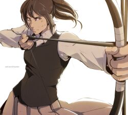 Rule 34 | 1girl, aiming, arrow (projectile), black vest, bow (weapon), breasts, brown eyes, brown hair, brown skirt, closed mouth, collared shirt, commentary, cowboy shot, dirty, dirty face, drawing bow, english commentary, floating hair, foreshortening, hanpetos, holding, holding bow (weapon), holding weapon, long sleeves, medium breasts, pleated skirt, ponytail, sasha blouse, shingeki no kyojin, shirt, sidelocks, skirt, smile, solo, tumblr username, upper body, vest, weapon, white shirt